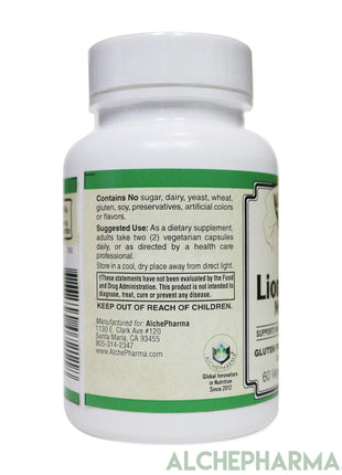 Lion's Mane Mushroom ( Organic ) 55% Polysaccharides Vegan 60 Vcaps 500 mg. per Capsule-Medicinal Mushrooms-AlchePharma
