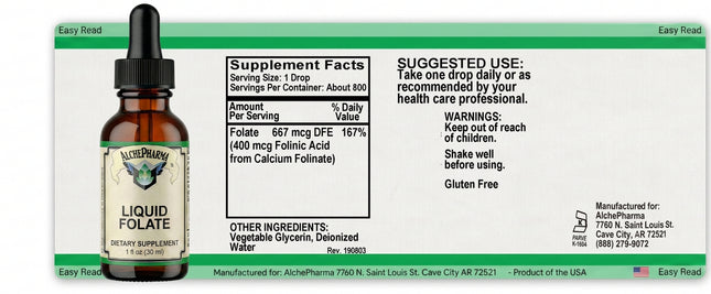 Folate Liquid [ 667 mcg DFE, 400 mcg of Folinic Acid ] 800 Servings