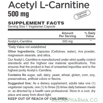 Acetyl L-Carnitine- 500 mg Vegetarian Capsules ( Sourced from Sigma-Tau Health Sciences )-Amino Acid-AlchePharma