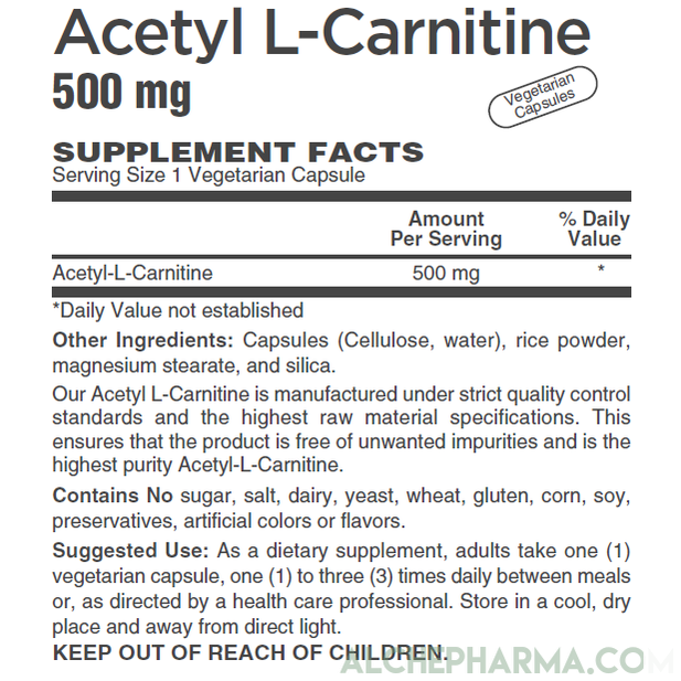 Acetyl L-Carnitine- 500 mg Vegetarian Capsules AlchePharma Acetyl L-Carnitine- 500 mg Vegetarian Capsules AlchePharma