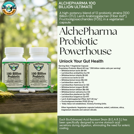 AlchePharma 100 Billion Ultimate Survival Probiotic with Bio-Enhanced Acid Resistant Strains (B.E.A.R.S.) and FiberAid® Prebiotic-probiotics-AlchePharma