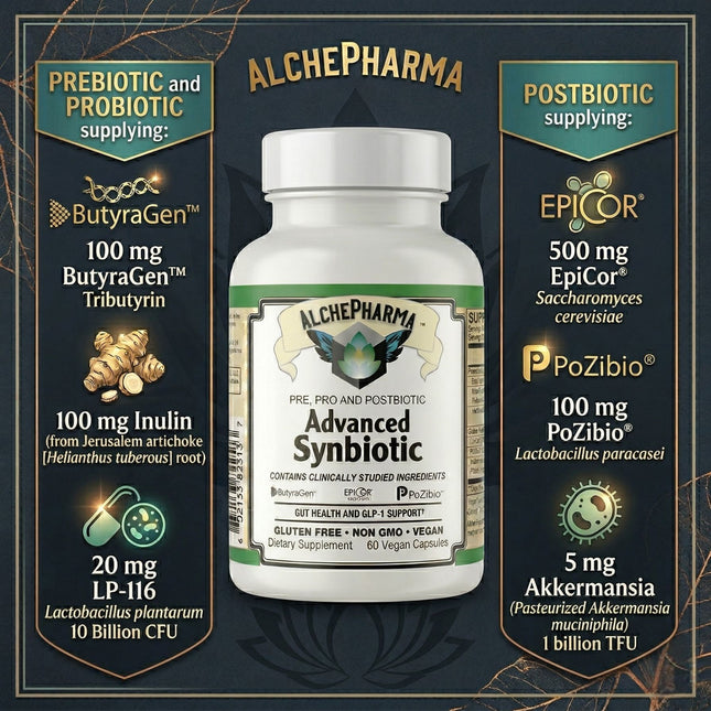 AlchePharma Advanced Synbiotic gut and GLP-1 support formula label