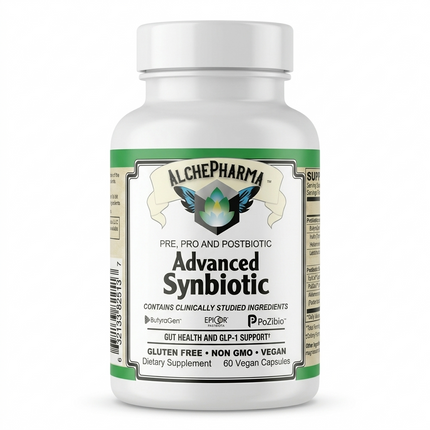 AlchePharma Advanced Synbiotic pre, pro & postbiotic gut support supplement bottle