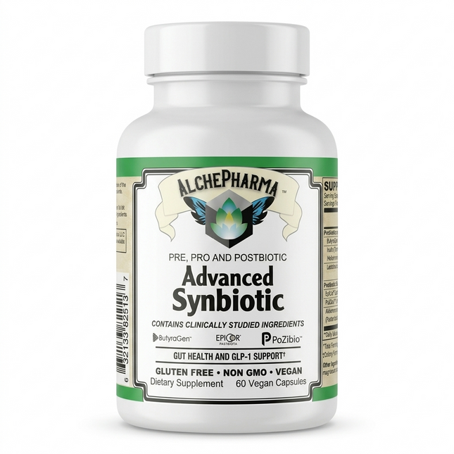 AlchePharma Advanced Synbiotic pre, pro & postbiotic gut support supplement bottle