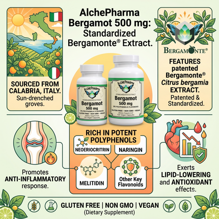 AlchePharma Bergamonte® Cardio-Polyphenol Complex, 500 mg 🍊 Standardized 38% Polyphenolic Flavonoids — Patented Calabrian Citrus Extract-Herbal Supplement-AlchePharma