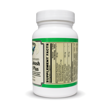 Black Cohosh Extract Plus Supplement Facts panel: black cohosh root extract 40 mg, chasteberry 100 mg, dong quai 100 mg per capsule