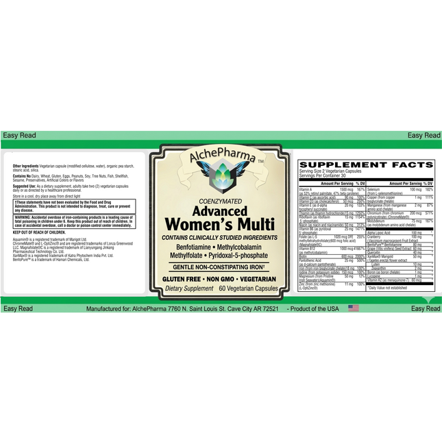 AlchePharma Advanced Women's Multi flat label showing supplement facts and ingredients