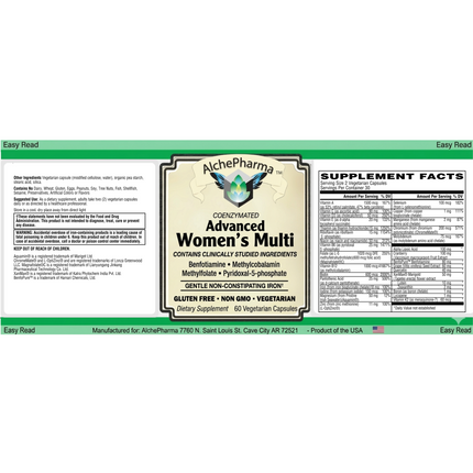 AlchePharma Advanced Women's Multi flat label showing supplement facts and ingredients