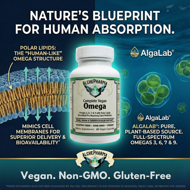 AlchePharma Complete Vegan Omega: Full-Spectrum Algae Oil with AlgaLab® Polar Lipids-AlchePharma