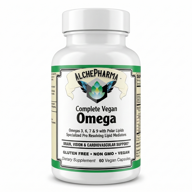 AlchePharma Complete Vegan Omega algae oil supplement bottle