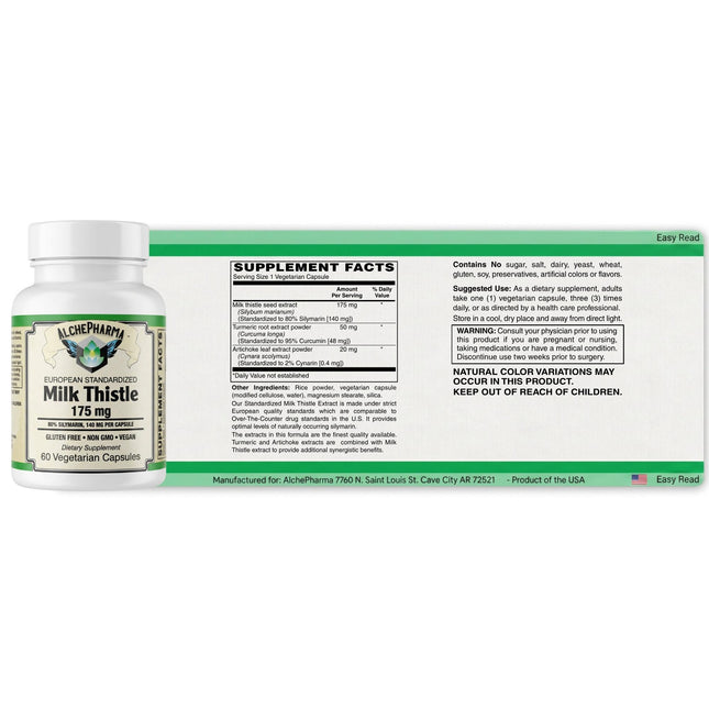 AlchePharma European Standardized Milk Thistle 175 mg: A Synergistic Complex-Herb-AlchePharma