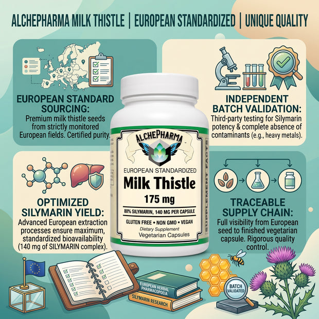 AlchePharma European Standardized Milk Thistle 175 mg: A Synergistic Complex-Herb-AlchePharma