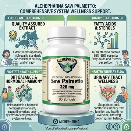 AlchePharma™ European Standardized Saw Palmetto | 320mg High-Potency Extract (85%-95% Fatty Acids)-Herb-AlchePharma