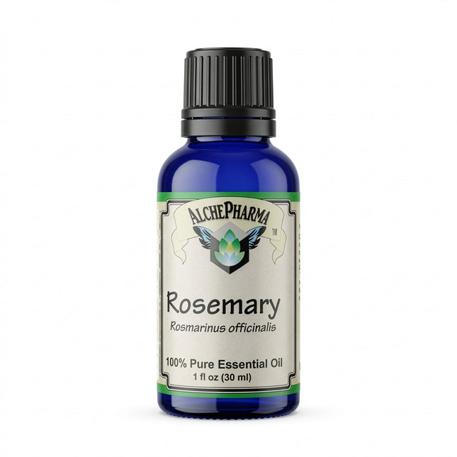 Rosemary essential oil bottle, dark blue glass with black cap and ALCHEPHARMA label
