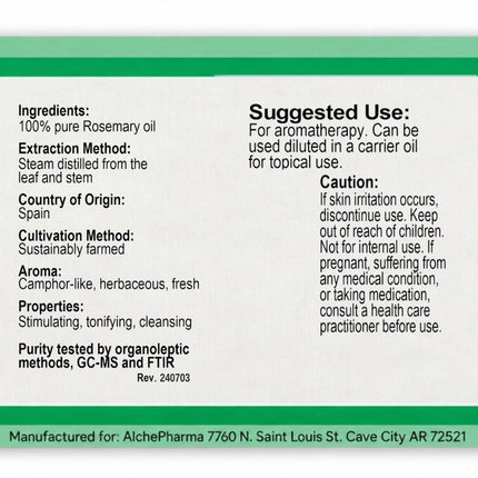 AlchePharma Rosemary Essential Oil full label laid flat: ingredients, Spain origin, suggested use, caution and Kosher Parve K-1604