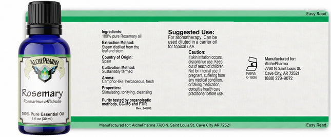 AlchePharma Rosemary Essential Oil full label laid flat: ingredients, Spain origin, suggested use, caution and Kosher Parve K-1604