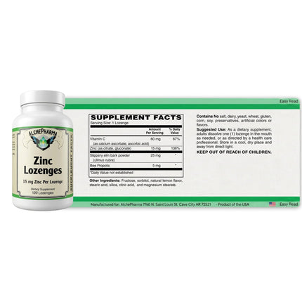 AlchePharma Zinc Lozenges 120 count supplement facts label