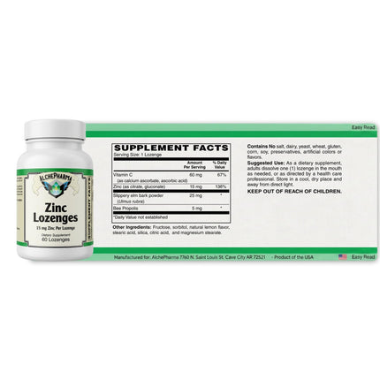 AlchePharma Zinc Lozenges 60 count supplement facts label