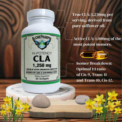 CLA (True Active Conjugated Linoleic Acid) • High Potency - Optimal 1:1 ratio of isomers• 1,250mg Softgels-Weight Management-AlchePharma