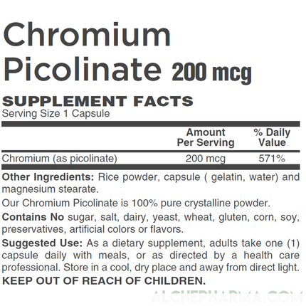 Chromium Picolinate (Chelated to picolinic acid) 200 mcg.-Mineral-AlchePharma