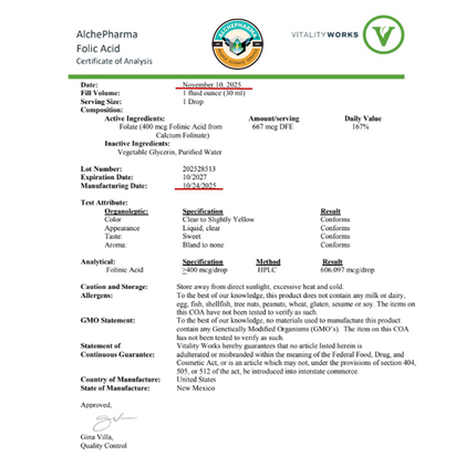 Folate Liquid [ 667 mcg DFE, 400 mcg of Folinic Acid ] 800 Servings-Vitamin-AlchePharma