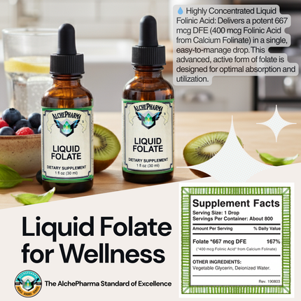 Folate Liquid [ 667 mcg DFE, 400 mcg of Folinic Acid ] 800 Servings-Vitamin-AlchePharma