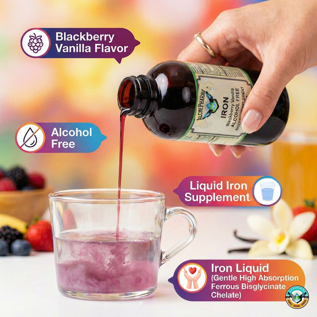 Iron Liquid ( Gentle High Absorption Ferrous Bisglycinate Chelate) Blackberry Vanilla 4 fl oz 24 servings