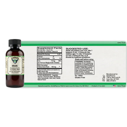 Iron liquid supplement bottle in dark glass with black cap; blackberry vanilla label