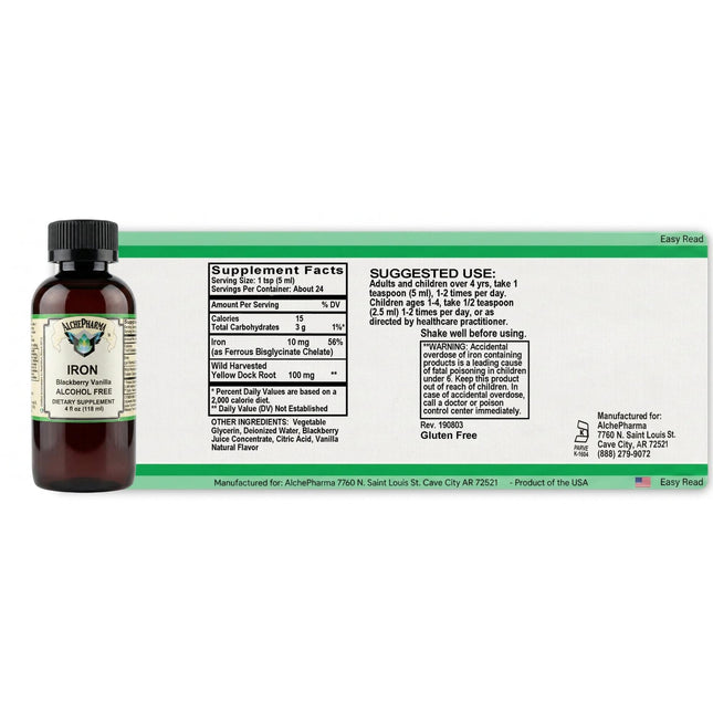Iron liquid supplement bottle in dark glass with black cap; blackberry vanilla label