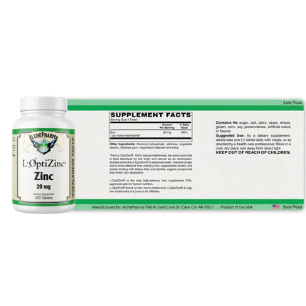 L-OptiZinc® 20mg Zinc as Mono-Methionine, not affected by dietary fiber and does not have a negative effect on copper absorption/status.-Mineral-AlchePharma