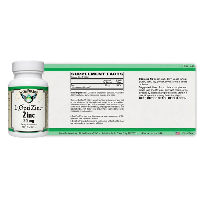 L-OptiZinc® 20mg Zinc as Mono-Methionine, not affected by dietary fiber and does not have a negative effect on copper absorption/status.-Mineral-AlchePharma