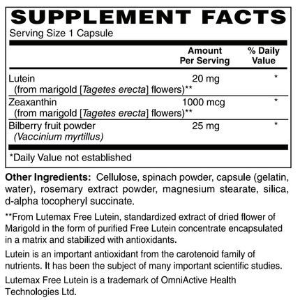 LUTEIN PLUS 20 MG ( crystalline free lutein ) w/ Zeaxanthin and Bilberry - Lutemax®-Vision-AlchePharma