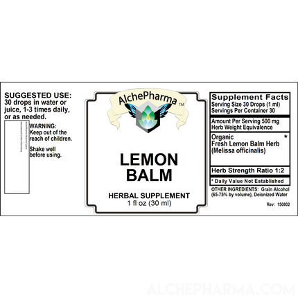 Lemon Balm Fresh Organic Tincture (Melissa officinalis) HSR 1:2 Parve k-1604-Herb Tincture-AlchePharma