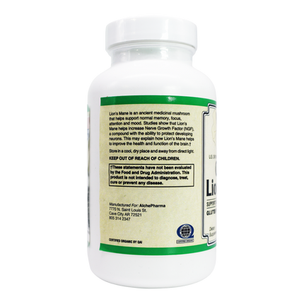 Lion's Mane Mushroom ( Organic ) 55% Polysaccharides Vegan 60 Vcaps 500 mg. per Capsule-Medicinal Mushrooms-AlchePharma