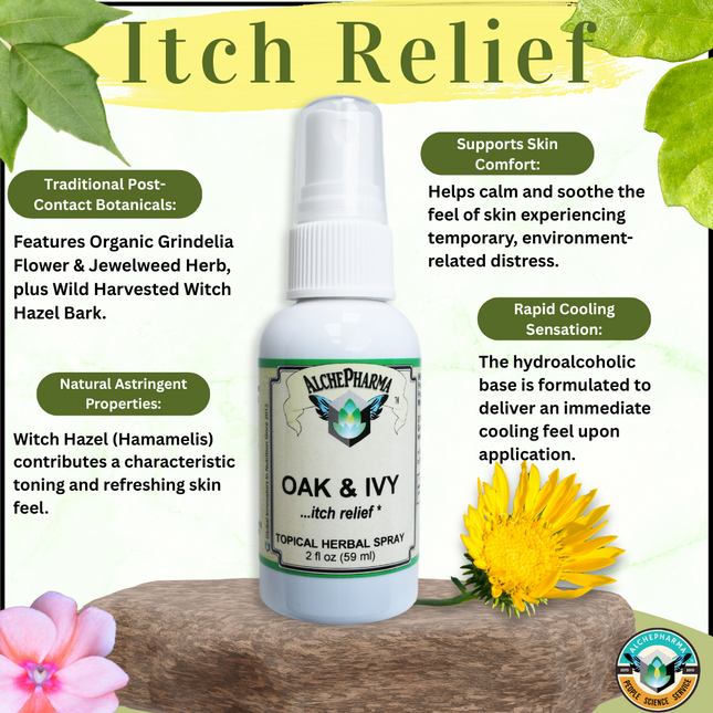 Oak & IVY Itch Relief ( Wild Harvested and Organic ) Topical Spray of Grindelia, Jewel Weed, Witch Hazel-Skin Care-AlchePharma