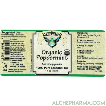 Peppermint U.S.D.A. Certified Organic Essential Oil 100% Pure ( Mentha Pipertia) 1 oz.-Essential Oil-AlchePharma