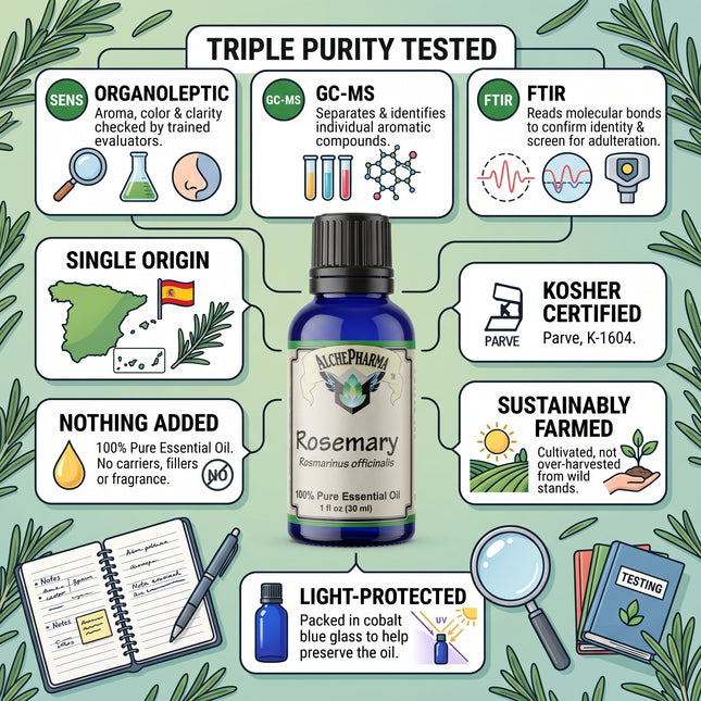 Rosemary Essential Oil – 100% Pure, Steam Distilled, Spain (Rosmarinus officinalis) 1 fl oz-Essential Oil-AlchePharma