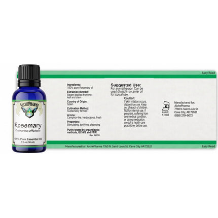 AlchePharma Rosemary Essential Oil full label laid flat: ingredients, Spain origin, suggested use, caution and Kosher Parve K-1604