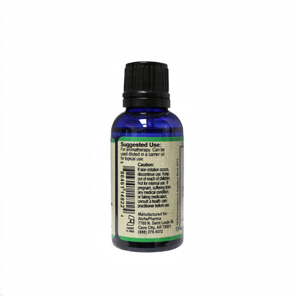 AlchePharma Rosemary Essential Oil side label: suggested use for aromatherapy, caution statement, UPC 686461148224 and Kosher Parve K-1604 certification
