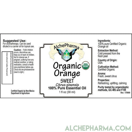 Sweet Orange 100% Organic Essential Oil ( Citrus sinensis) , Certified, Cold Pressed from peel, Organoleptic, GC-MS, FTIR-Essential Oils-AlchePharma