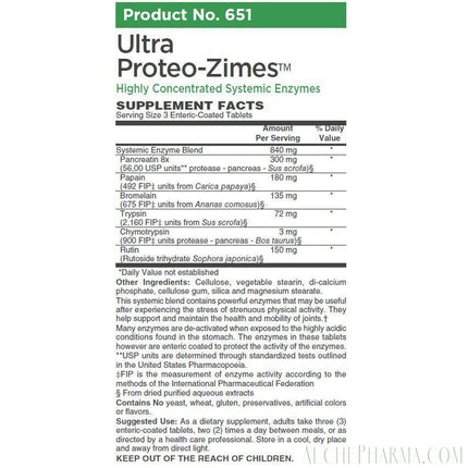 Ultra Proteo-Zimes™ - (USP) Highest commercial concentrations available of: Chymotrypsin, Trypsin, Pancreatin, Papain and Bromelain-enzymes-AlchePharma