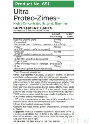 Ultra Proteo-Zimes™ - (USP) Highest commercial concentrations available of: Chymotrypsin, Trypsin, Pancreatin, Papain and Bromelain-enzymes-AlchePharma