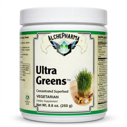 UltraGreens™ (Super Greens) contains trademarked Earthrise® brand Spirulina, Pines International® brand of Cereal Grasses and NutraFlora® FOS.-AlchePharma