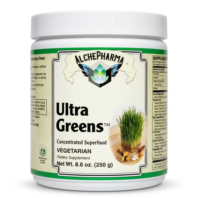 UltraGreens™ (Super Greens) contains trademarked Earthrise® brand Spirulina, Pines International® brand of Cereal Grasses and NutraFlora® FOS.-AlchePharma