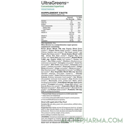 UltraGreens™ (Super Greens) contains trademarked Earthrise® brand Spirulina, Pines International® brand of Cereal Grasses and NutraFlora® FOS.-AlchePharma-4.4 oz (125 grams )-AlchePharma