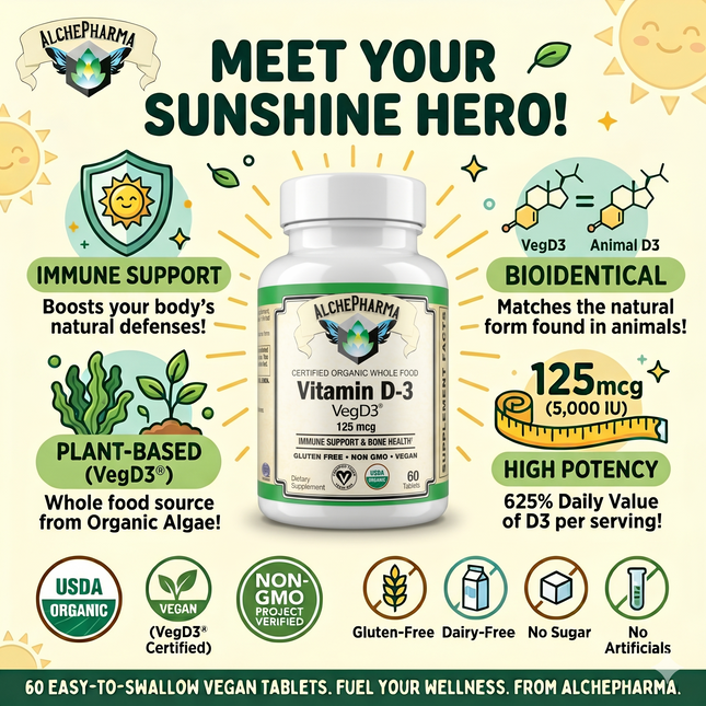 Vitamin D3 ( 5,000 IU - 125 mcg ) Whole Food Certified Organic, Chemically-identical to cholecalciferol of animal-origin - Vegan, Kosher, Halal-Vitamins & Supplements-AlchePharma