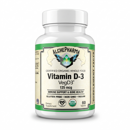 Vitamin D3 ( 5,000 IU - 125 mcg ) Whole Food Certified Organic, Chemically-identical to cholecalciferol of animal-origin - Vegan, Kosher, Halal-Vitamins & Supplements-AlchePharma