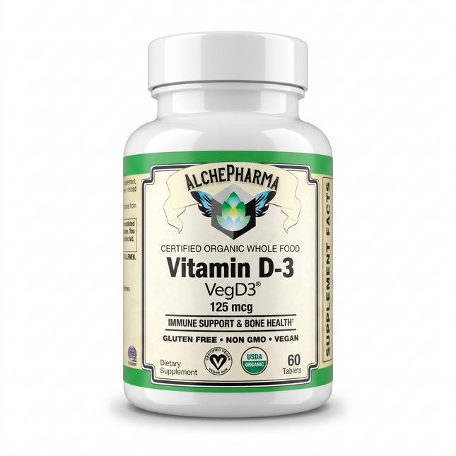 Vitamin D3 ( 5,000 IU - 125 mcg ) Whole Food Certified Organic, Chemically-identical to cholecalciferol of animal-origin - Vegan, Kosher, Halal-Vitamins & Supplements-AlchePharma