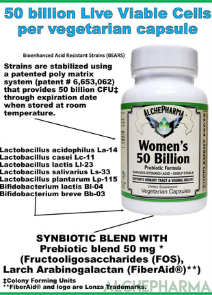 Women’s Probiotic Formula 50 Billion proprietary Lactobacilli and Bifidobacterium blend-AlchePharma-30 Veg Caps-AlchePharma