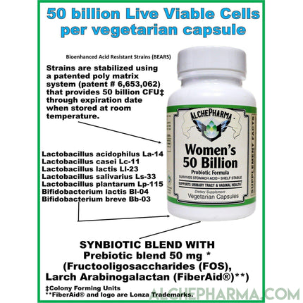 Women’s Probiotic Formula 50 Billion proprietary Lactobacilli and Bifidobacterium blend-AlchePharma-30 Veg Caps-AlchePharma